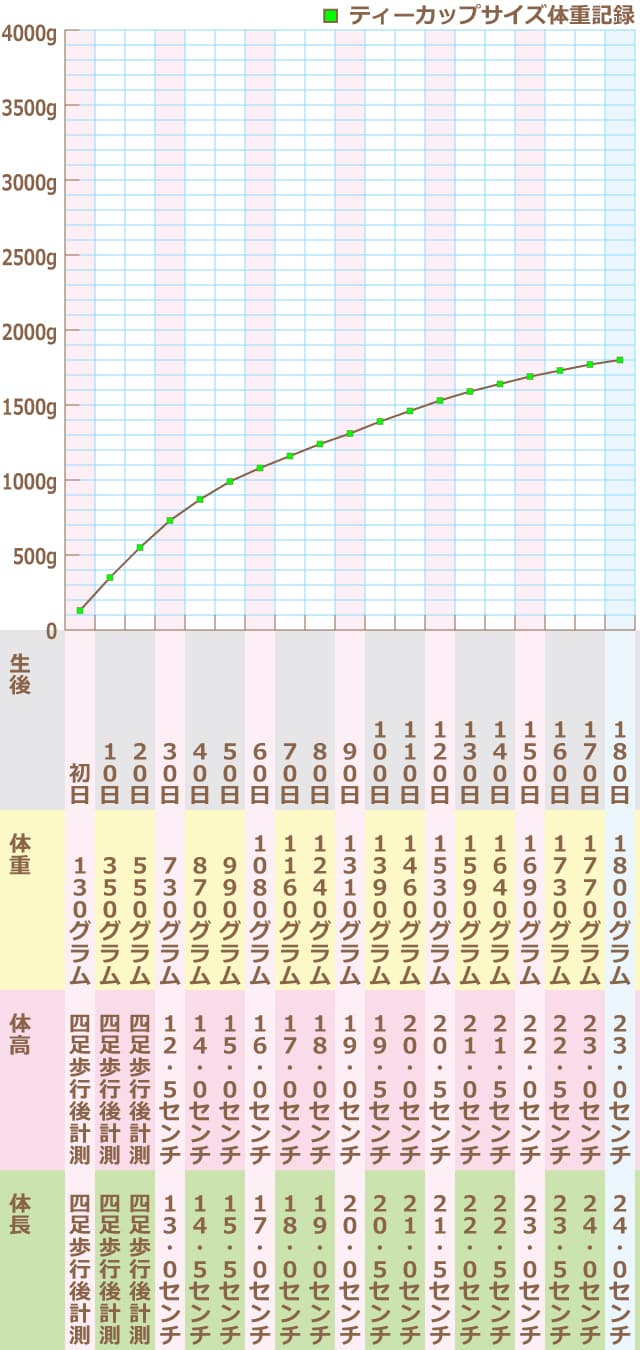 ■ティーカップサイズ体重記録　●生後 初日　体重 130グラム　体高 四足歩行後計測　体長 四足歩行後計測　●生後 10日　体重 350グラム　体高 四足歩行後計測　体長 四足歩行後計測　●生後 20日　体重 550グラム　体高 四足歩行後計測　体長 四足歩行後計測　●生後 30日　体重 730グラム　体高 12.5センチ　体長 13センチ　●生後 40日　体重 870グラム　体高 14センチ　体長 14.5センチ　●生後 50日　体重 990グラム　体高 15センチ　体長 15.5センチ　●生後 60日　体重 1080グラム　体高 16センチ　体長 17センチ　●生後 70日　体重 1160グラム　体高 17センチ　体長 18センチ　●生後 80日　体重 1240グラム　体高 18センチ　体長 19センチ　●生後 90日　体重 1310グラム　体高 19センチ　体長 20センチ　●生後 100日　体重 1390グラム　体高 19.5センチ　体長 20.5センチ　●生後 110日　体重 1460グラム　体高 20センチ　体長 21センチ　●生後 120日　体重 1530グラム　体高 20.5センチ　体長 21.5センチ　●生後 130日　体重 1590グラム　体高 21センチ　体長 22センチ　●生後 140日　体重 1640グラム　体高 21.5センチ　体長 22.5センチ　●生後 150日　体重 1690グラム　体高 22センチ　体長 23センチ　●生後 160日　体重 1730グラム　体高 22.5センチ　体長 23.5センチ　●生後 170日　体重 1770グラム　体高 23センチ　体長 24センチ　●生後 180日　体重 1800グラム　体高 23センチ　体長 24センチ